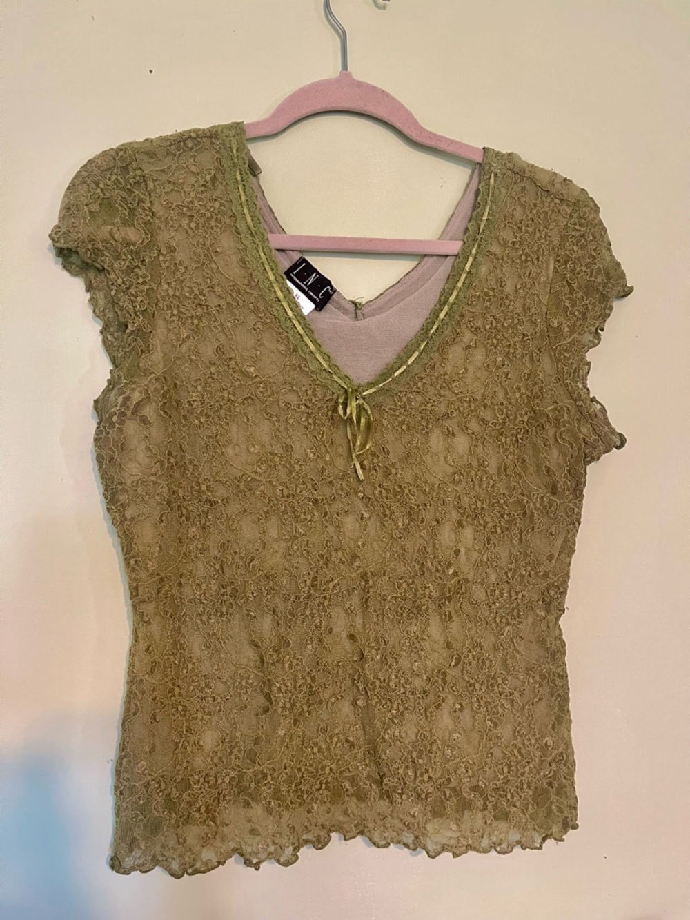 INC International Concepts Olive Lace V-Neck Shell